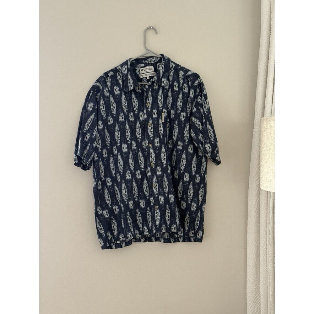 Vintage Columbia Men's Hawaiian shirt short sleeve blue collared size Medium